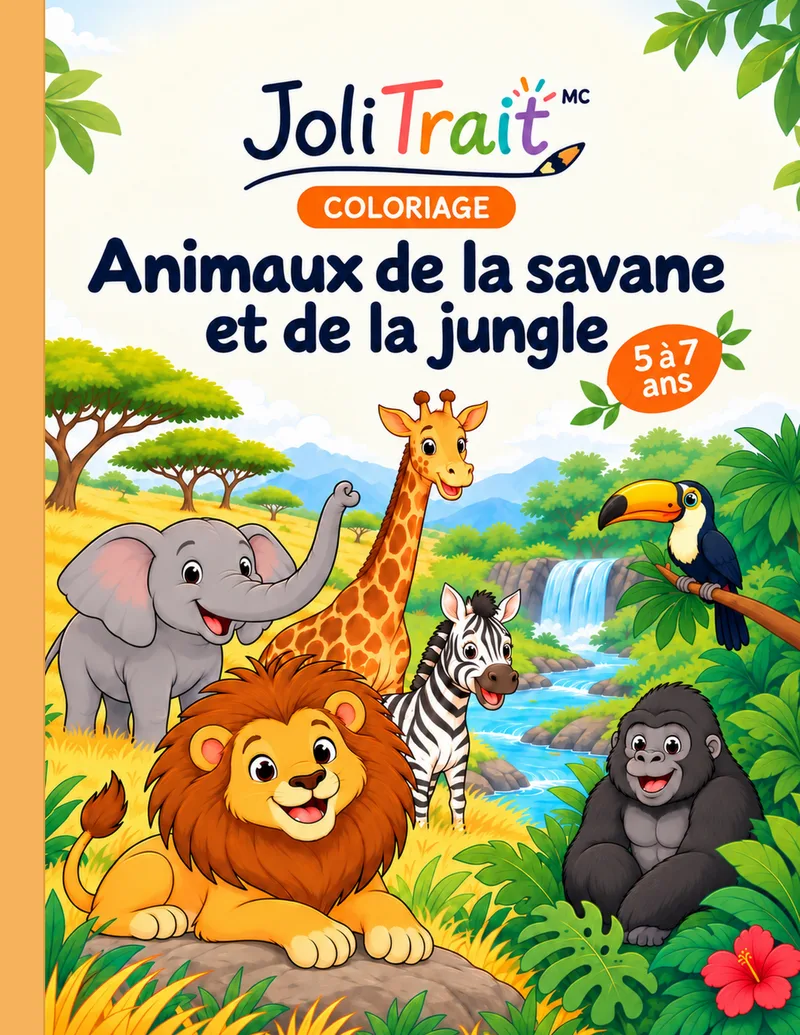 Couverture du cahier de coloriage JoliTrait « Animaux de la savane et de la jungle », 5 à 7 ans : un lion, une girafe, un éléphant, un zèbre, un gorille et un toucan dans la savane.