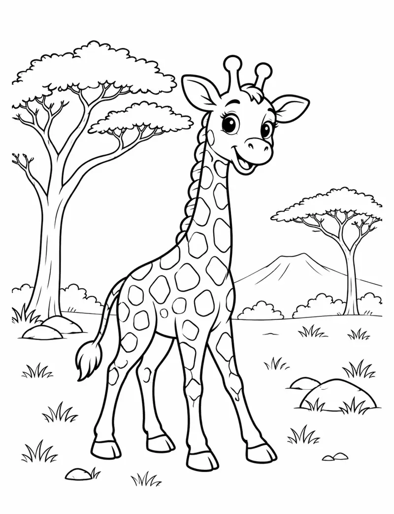 Page à colorier : une girafe souriante dans la savane, entre deux acacias, avec une montagne au loin.