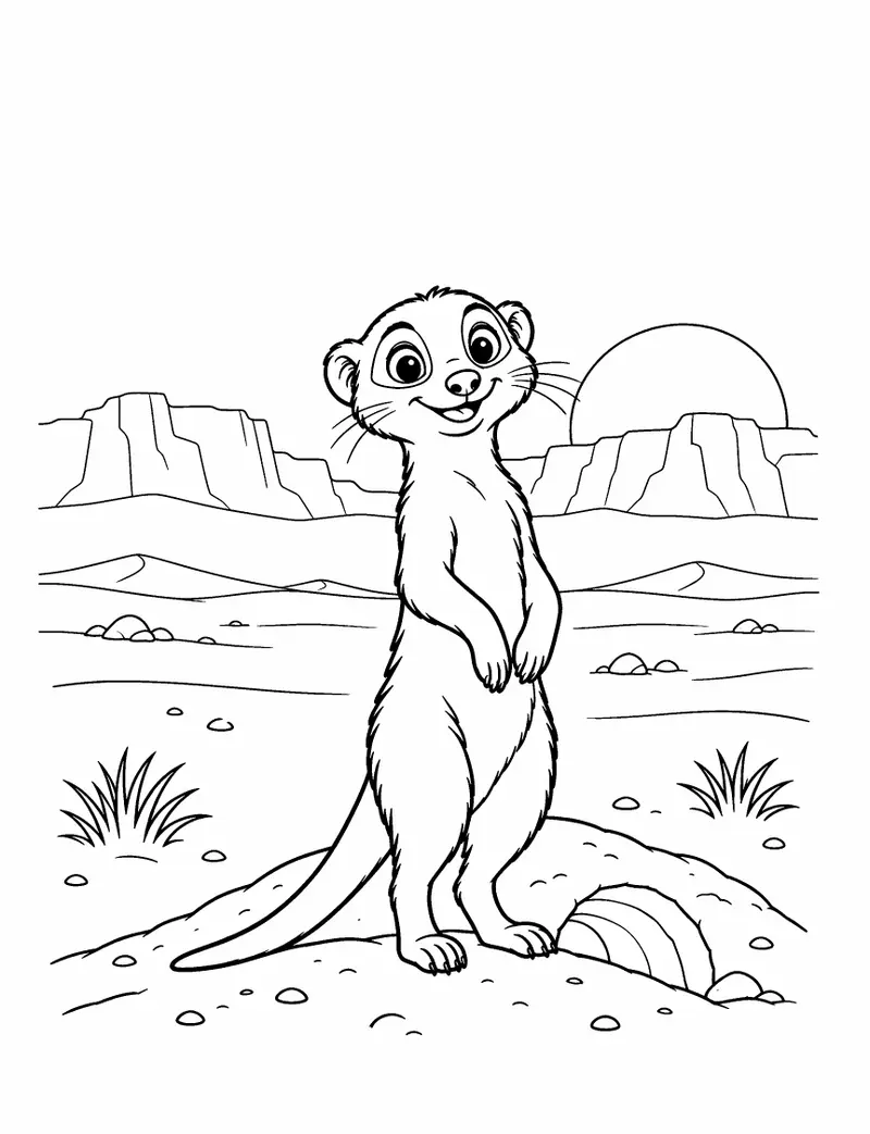 Page à colorier : un suricate debout près de son terrier, dans le désert, devant un soleil couchant.